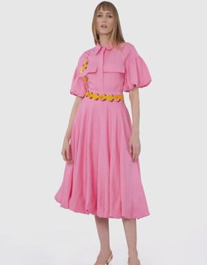 Belt Embroidered Pleated Midi Pink Skirt