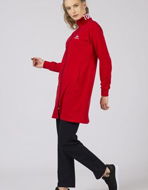 Kırmızı - Lacivert Dik Yaka Baskılı Standart Kalıp Klasik Paça Kadın Eşofman Tunik Takım - 95209