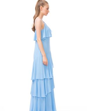 Layered Ruffle Detailed Embroidered Long Blue Dress