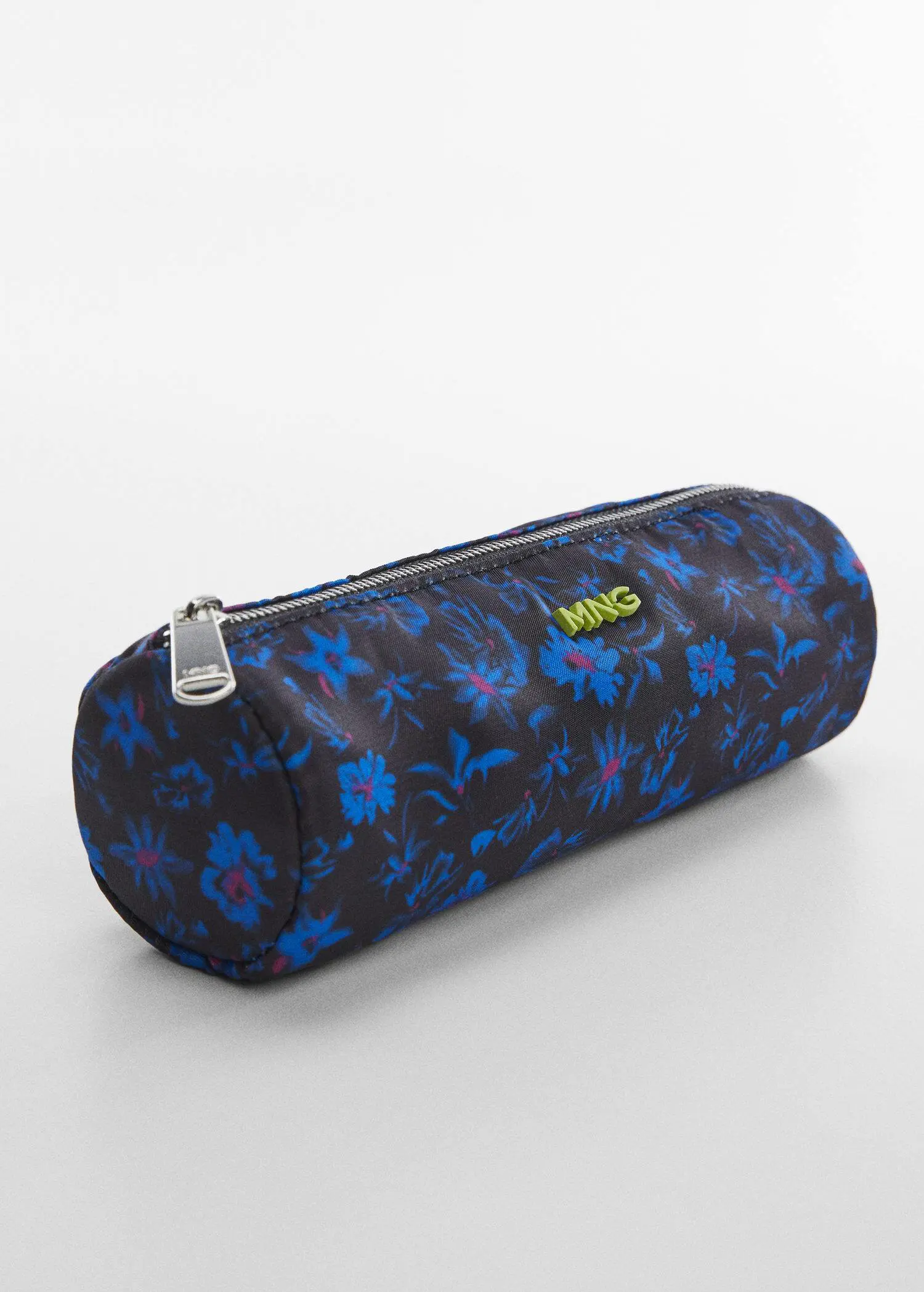 Mango Logo zipped pencil case. a pencil case with blue flowers on it. 