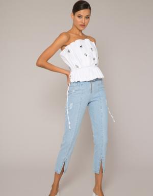 Belted Slit Detailed Blue Jean Trousers