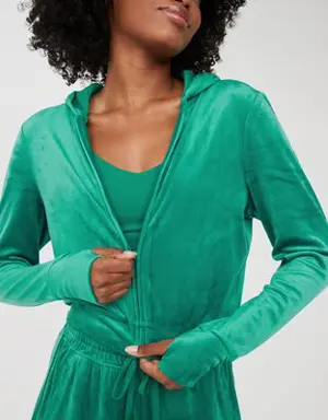 By Aerie Bright Lights Velour Cropped Full Zip Hoodie