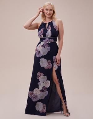 Lacivert Çiçek Desenli Halter Yaka Şifon Uzun Büyük Beden Elbise