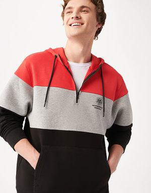 Mavi Kapüşonlu Blok Renk Yarı Fermuarlı Sweatshirt. 3 Mavi Kapüşonlu Blok Renk Yarı Fermuarlı Sweatshirt. 3