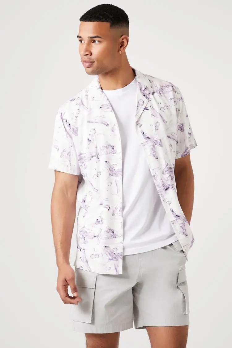 Forever 21 Forever 21 Abstract Print Rayon Shirt White/Orchid. 1