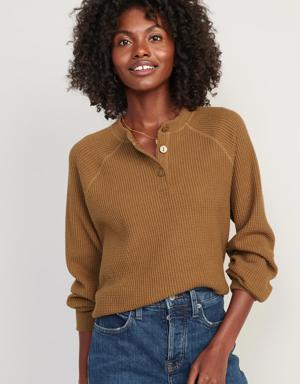 Thermal-Knit Raglan-Sleeve Henley T-Shirt for Women brown