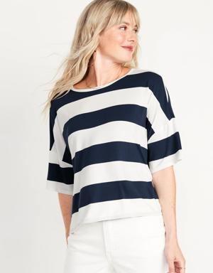 Luxe Oversized Striped Cropped T-Shirt for Women blue