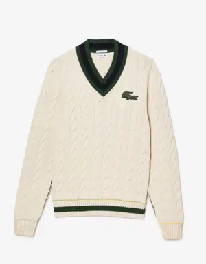 Sweater de malha de cabo com decote em bico em algodão orgânico Lacoste unissexo