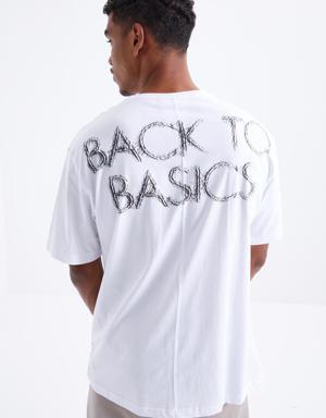 Beyaz Sırtı Yazı Baskılı O Yaka Erkek Oversize T-Shirt - 88100