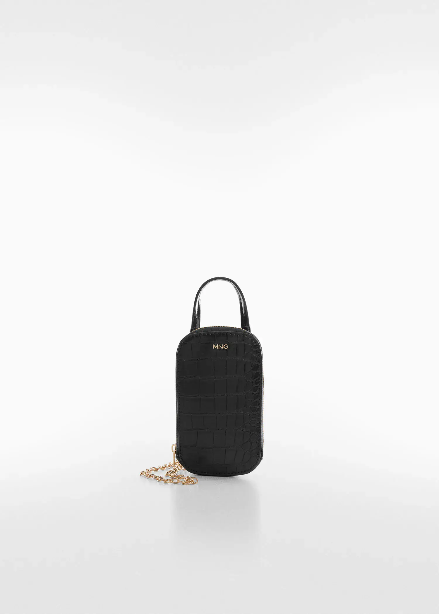 Mango Crocodile mobile case. a black purse is on a white surface. 