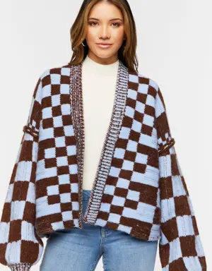 Forever 21 Chunky Checkered Cardigan Sweater Coffee/Blue