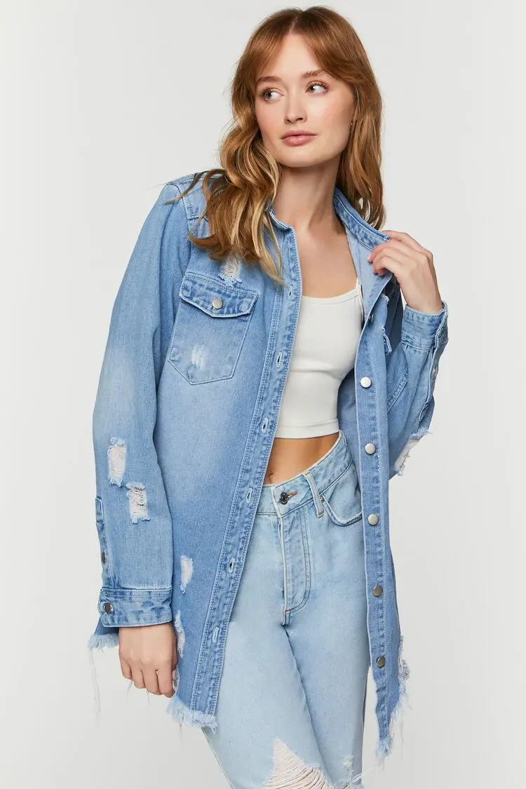 Forever 21 Forever 21 Distressed Denim Longline Trucker Jacket Light Blue. 1