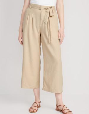 High-Waisted Linen-Blend Cropped Wide-Leg Pants for Women beige