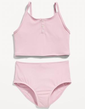 Rib-Knit Henley Tankini Swim Set for Girls pink