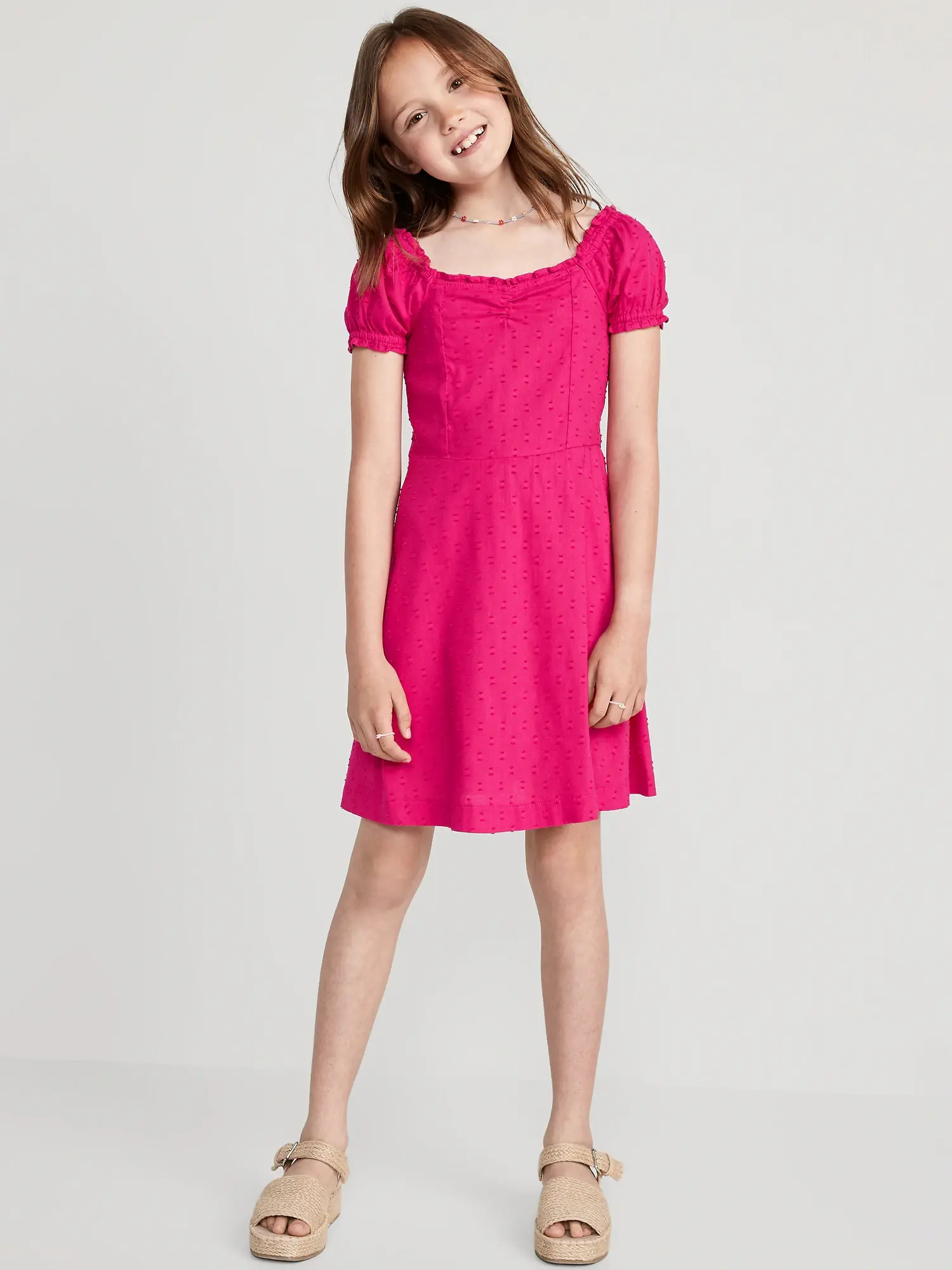 Old Navy Puff-Sleeve Clip-Dot Fit & Flare Dress for Girls pink. 1