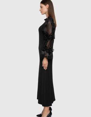 Black Knitwear Dress With Balloon Sleeves Beaded Embroidered Turtleneck