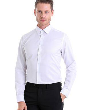 Beyaz Comfort Fit Uzun Kollu Pamuklu Desenli Klasik Gömlek