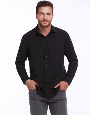 Siyah Comfort Fit Uzun Kol Pamuklu Düz Klasik Gömlek