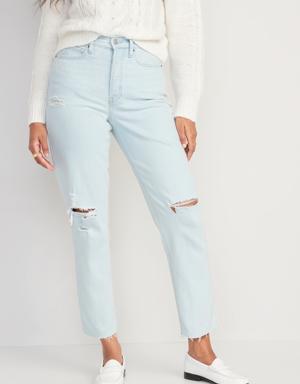 Curvy Extra High-Waisted Button-Fly Sky-Hi Straight Ripped Cut-Off Jeans for Women blue