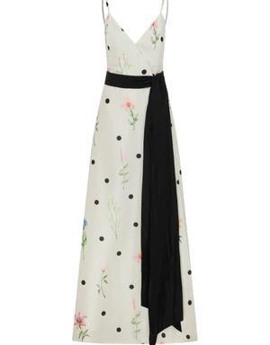 Floral Print Maxi Evening Dress With a Black Bow