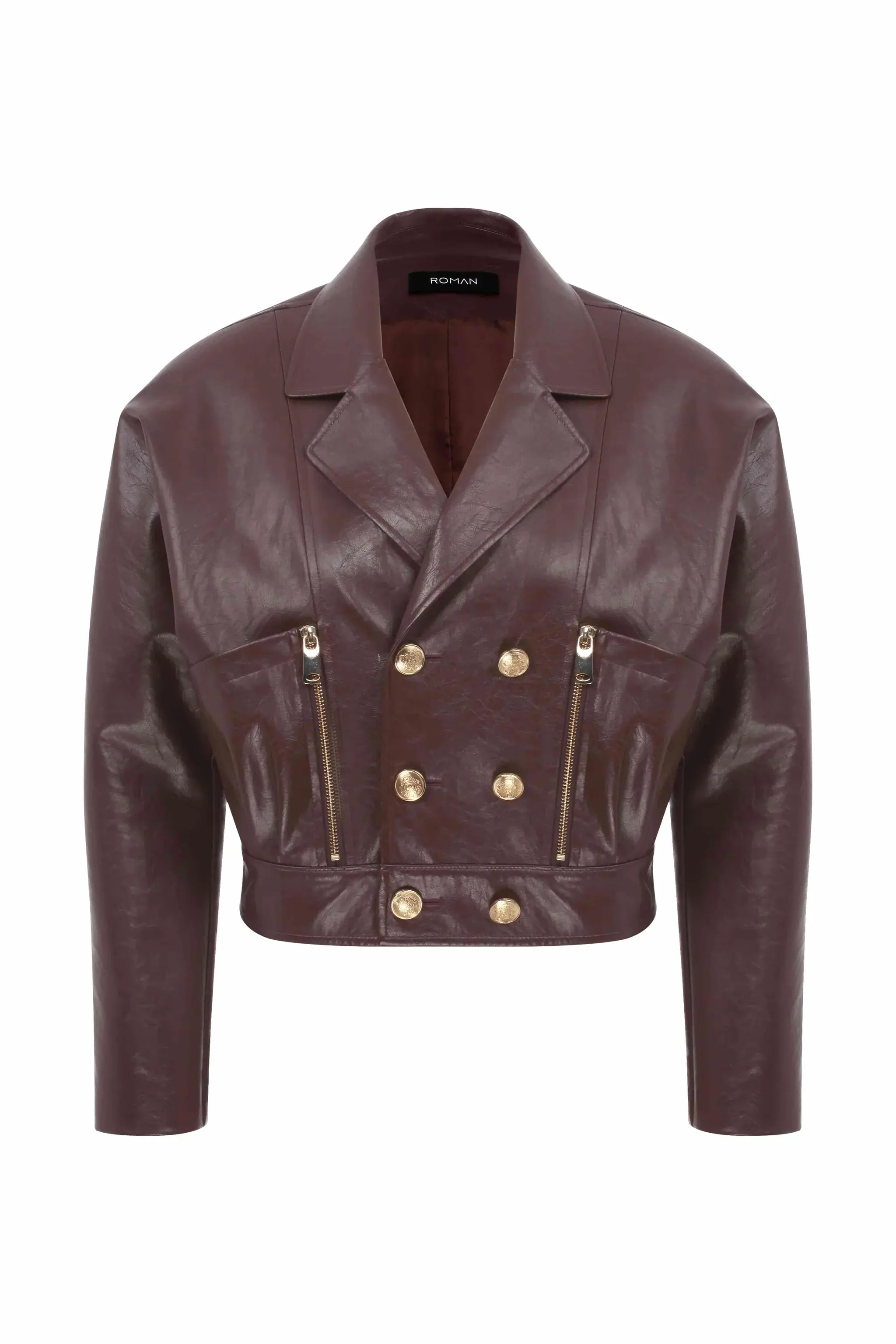 Roman Brown Leather Jacket With Gold Button - 4 / Brown. 1