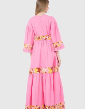 V-Neck Floral Patterned Pink Long Dress