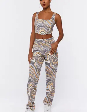 Forever 21 Abstract Crop Top &amp; Pants Set Brown/Multi