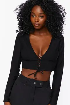 Forever 21 Forever 21 Lace Up Poplin Crop Top Black. 2