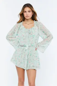 Forever 21 Forever 21 Chiffon Floral Print Romper Mint/Multi. 2