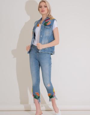 Colorful Embroidery And Embroidery Detailed Blue Jean Vest