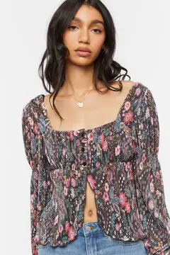 Forever 21 Forever 21 Floral Plisse Split Front Top Black/Multi. 2