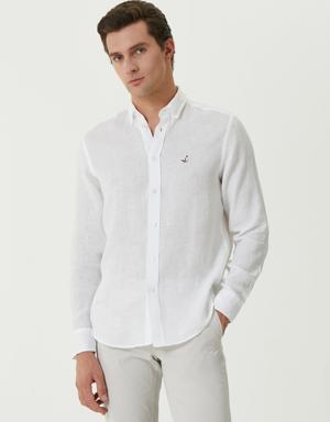 Comfort Fit Beyaz Keten Gömlek