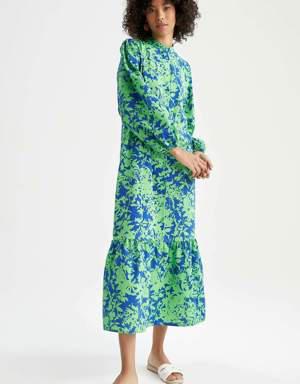 A Kesim Çiçek Desenli Uzun Kollu Maxi Elbise