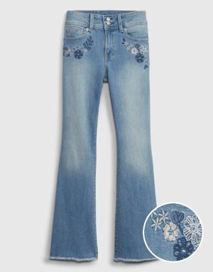 Kids High Rise Embroidered Flare Jeans with Washwell blue