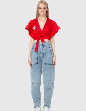 Embroidery Embroidered Lacing Detail Red Poplin Top