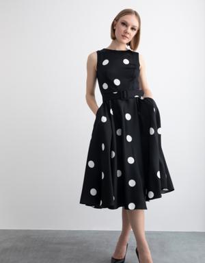 Sleeveless Polka Dot Patterned Black Midi Length Dress With Wide Collar