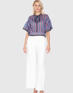 Embroidered Stripe Detailed Sheer Striped Short Blouse