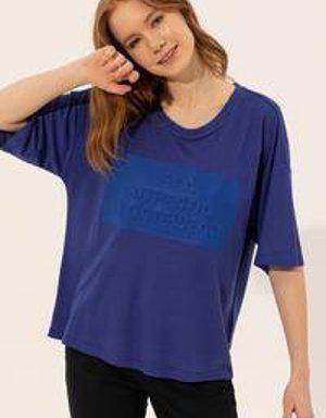 Kadın Mavi Bisiklet Yaka Oversize T-shirt