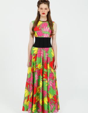 Green Maxi Dress with Floral Pattern and Bodice Detail