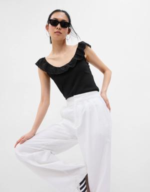 Eyelet Ruffle Neck Rib Tank Top black