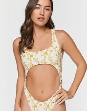Forever 21 Chain Cutout One Piece Swimsuit White/Yellow