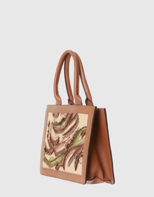 Embroidery Detailed Leather Framed Tote Bag