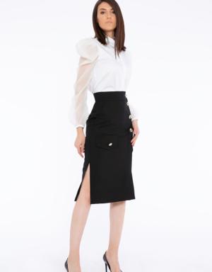 High Waist Midi Length Button And Pocket Detailed Black Skirt