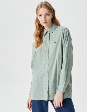 Kadın Oversize Uzun Kollu Çizgili Yeşil Gömlek