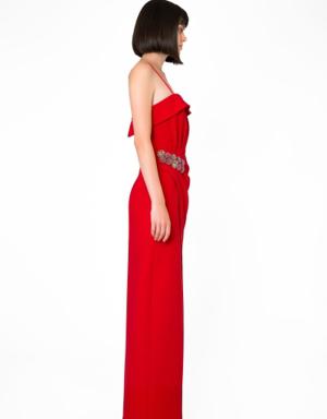 Embroidered Detailed Strapless Red Evening Dress