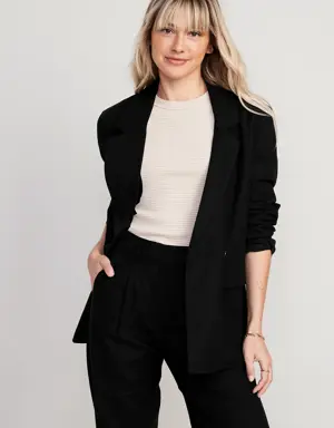 Double-Breasted Linen-Blend Suit Blazer for Women black