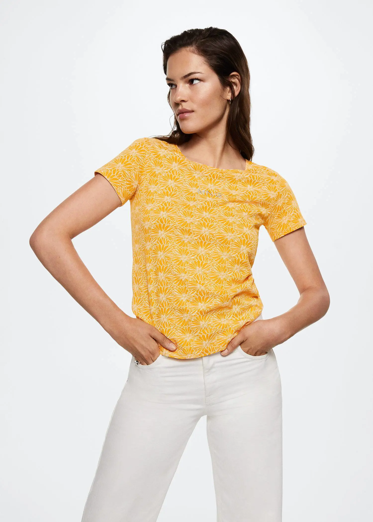 Mango Printed cotton-blend T-shirt. a woman wearing a yellow shirt and white pants. 