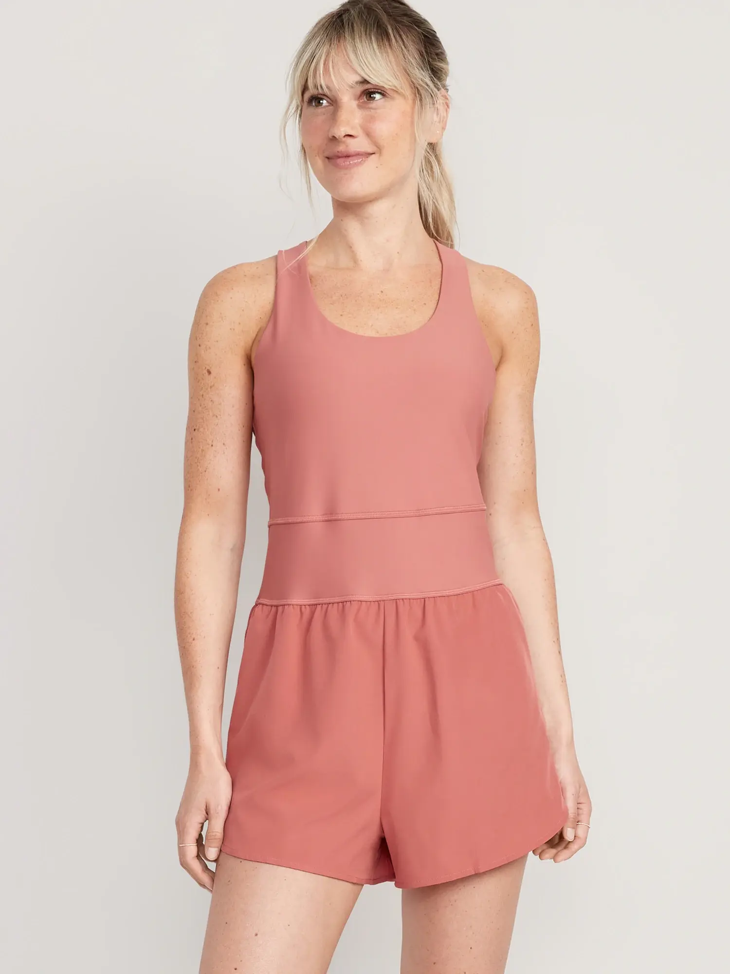 Old Navy Sleeveless PowerSoft 2-in-1 Dolphin-Hem Performance Run Romper -- 2.5-inch inseam pink. 1