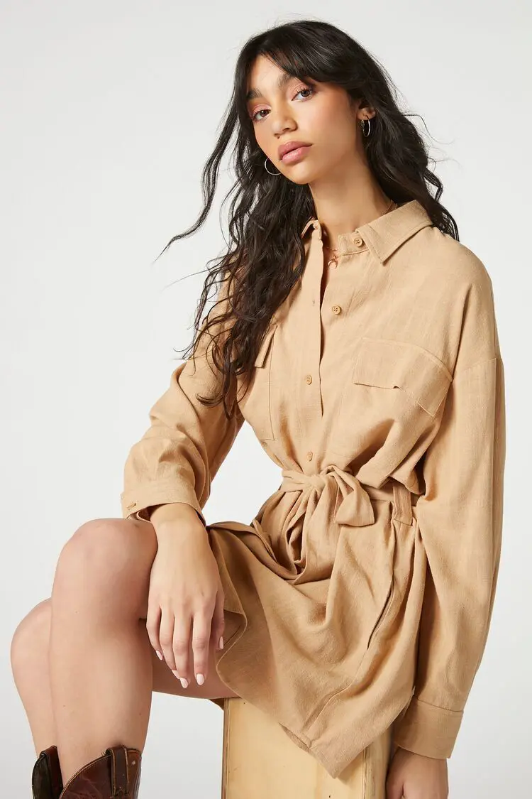 Forever 21 Forever 21 Tie Waist Mini Shirt Dress Beige. 1