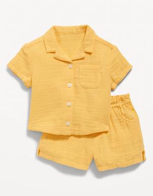 Short-Sleeve Double-Weave Shirt & Pull-On Shorts for Baby yellow